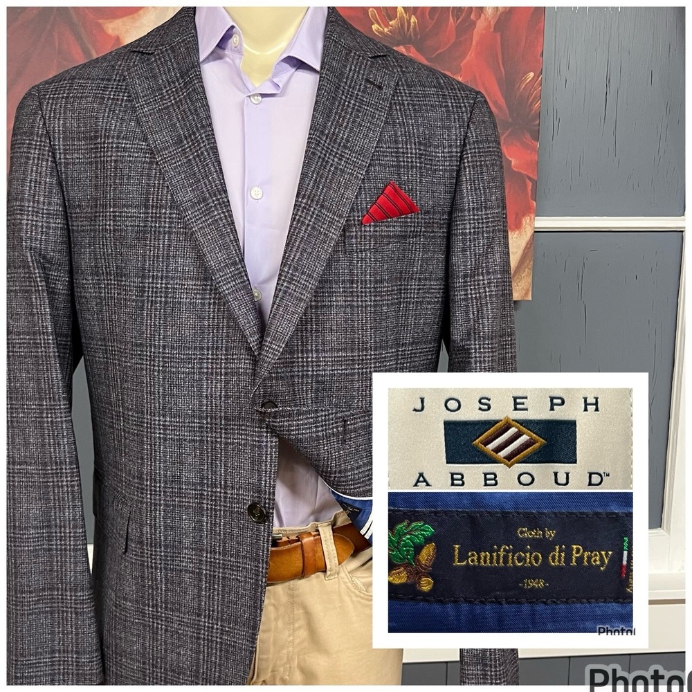 Joseph Abboud Blazer Jacket Sport Coat Mens 48R Slim Fit Wool Navy/Purple Plaid
